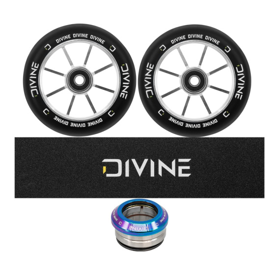 Set 2ks koleček Divine 110 mm Spoked stříbrné + Divine griptape + Divine headset