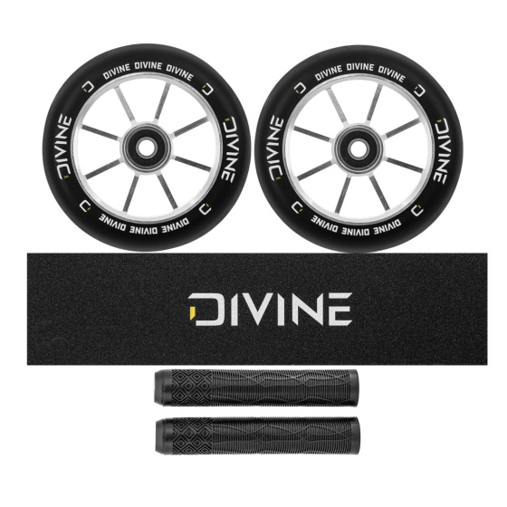 Set 2ks koleček Divine 120 mm Spoked stříbrné + Divine griptape + Divine gripy
