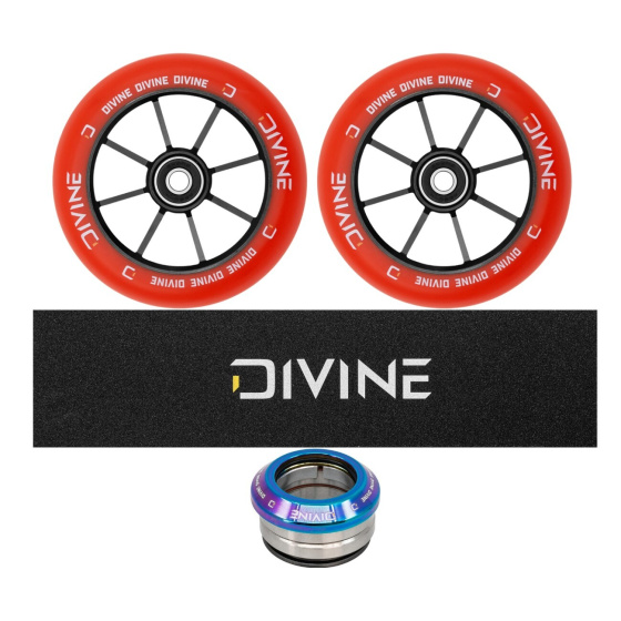 Set 2ks koleček Divine 110 mm Spoked červené + Divine griptape + Divine headset